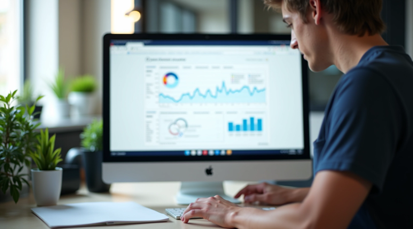 Desktop computer setup with multiple windows showing web performance metrics and analytics