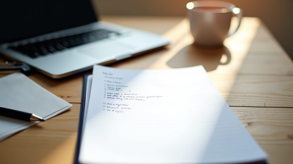 Notebook with SEO checklist written out next to laptop and coffee cup on wooden table
